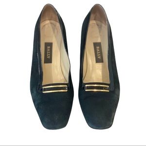 Vintage Bally Black Suede Patent Leather Block Heel Shoes Gold Trim 7 37.5